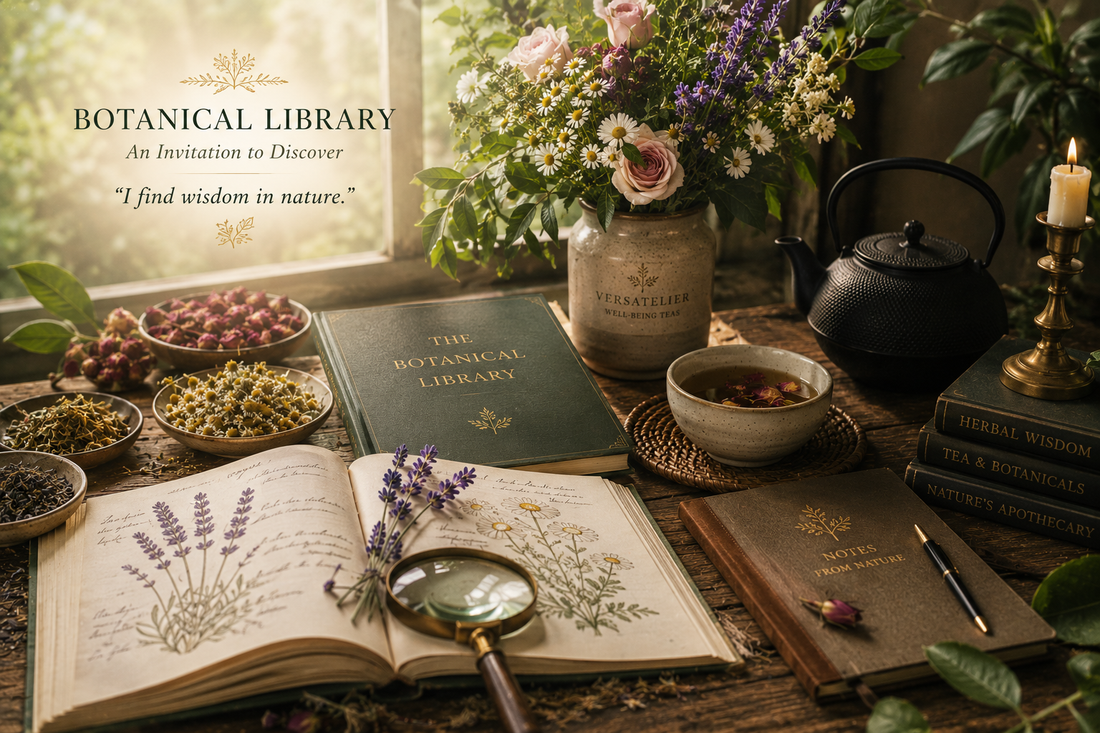 The Botanical Library — antique wooden table with botanical books, magnifying glass, VERSATELIER jar, cast iron teapot and open botanical journal with pressed lavender and chamomile